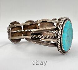 Vintage Navajo Sterling Silver & Blue Kingman Turquoise 5 Stone Cuff Bracelet