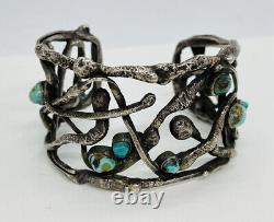 Vintage Navajo Sterling Silver Blue Turquoise Noodle Snakes Modernist Bracelet