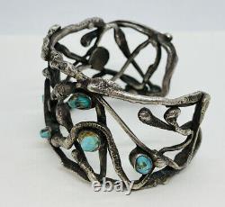 Vintage Navajo Sterling Silver Blue Turquoise Noodle Snakes Modernist Bracelet