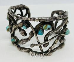 Vintage Navajo Sterling Silver Blue Turquoise Noodle Snakes Modernist Bracelet