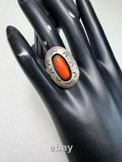 Vintage Navajo Sterling Silver Coral Ring Native American Statement Shadowbox