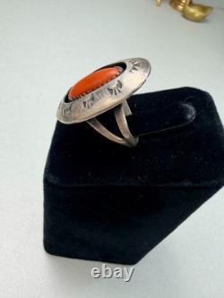 Vintage Navajo Sterling Silver Coral Ring Native American Statement Shadowbox