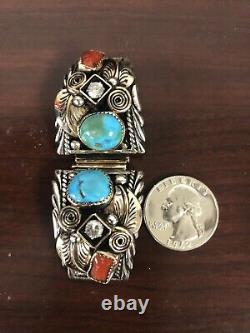 Vintage Navajo Sterling Silver Coral Turquoise Watch Band Tips