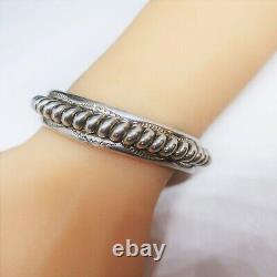 Vintage Navajo Sterling Silver Cuff Bracelet TAHE Unique Stamped HEAVY 46.3g