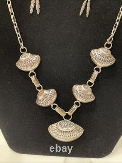 Vintage Navajo Sterling Silver Feather Necklace 20Dangle Earrings Set 38g