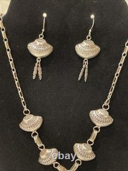 Vintage Navajo Sterling Silver Feather Necklace 20Dangle Earrings Set 38g