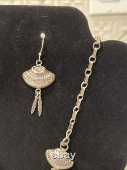 Vintage Navajo Sterling Silver Feather Necklace 20Dangle Earrings Set 38g