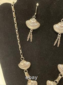 Vintage Navajo Sterling Silver Feather Necklace 20Dangle Earrings Set 38g