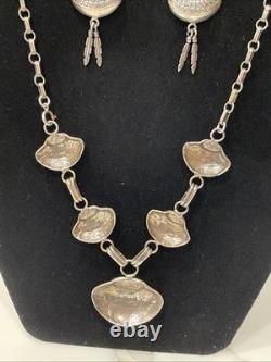 Vintage Navajo Sterling Silver Feather Necklace 20Dangle Earrings Set 38g