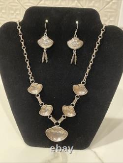 Vintage Navajo Sterling Silver Feather Necklace 20Dangle Earrings Set 38g