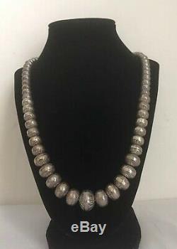 Vintage Navajo Sterling Silver Graduated Hand Stamped Beaded Pearl Necklace 24