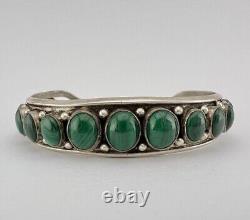 Vintage Navajo Sterling Silver Green Malachite 15 Stone Row Cuff Bracelet