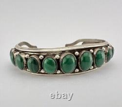 Vintage Navajo Sterling Silver Green Malachite 15 Stone Row Cuff Bracelet