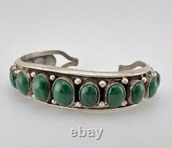 Vintage Navajo Sterling Silver Green Malachite 15 Stone Row Cuff Bracelet