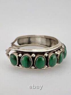 Vintage Navajo Sterling Silver Green Malachite 15 Stone Row Cuff Bracelet