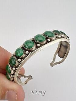 Vintage Navajo Sterling Silver Green Malachite 15 Stone Row Cuff Bracelet