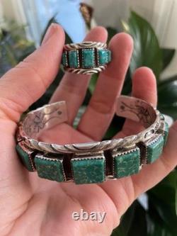 Vintage Navajo Sterling Silver Green Turquoise Cuff Bracelet & Ring Set