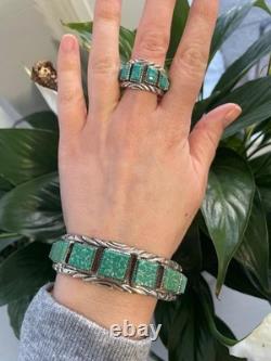 Vintage Navajo Sterling Silver Green Turquoise Cuff Bracelet & Ring Set