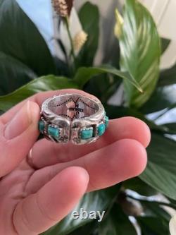 Vintage Navajo Sterling Silver Green Turquoise Cuff Bracelet & Ring Set