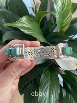 Vintage Navajo Sterling Silver Green Turquoise Cuff Bracelet & Ring Set