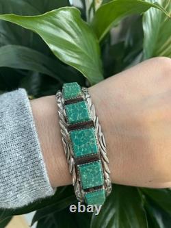 Vintage Navajo Sterling Silver Green Turquoise Cuff Bracelet & Ring Set