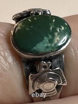 Vintage Navajo Sterling Silver Green Turquoise Ring Size 5 Thunderbirds, 1970's