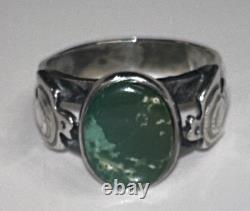 Vintage Navajo Sterling Silver Green Turquoise Ring Size 5 Thunderbirds, 1970's