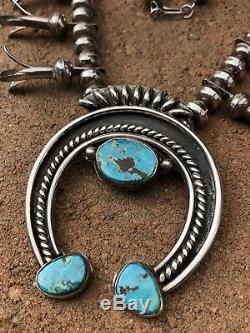 Vintage Navajo Sterling Silver Kingman Turquoise Squash Blossom Necklace 28