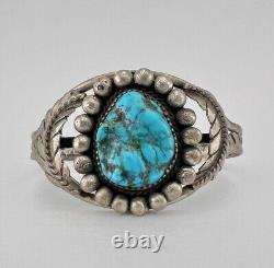 Vintage Navajo Sterling Silver Kingman Turquoise Stamped Cuff Bracelet