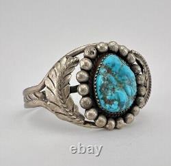 Vintage Navajo Sterling Silver Kingman Turquoise Stamped Cuff Bracelet