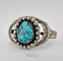 Vintage Navajo Sterling Silver Kingman Turquoise Stamped Cuff Bracelet