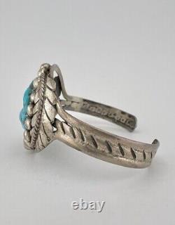 Vintage Navajo Sterling Silver Kingman Turquoise Stamped Cuff Bracelet