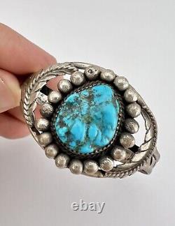 Vintage Navajo Sterling Silver Kingman Turquoise Stamped Cuff Bracelet