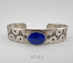 Vintage Navajo Sterling Silver Lapis Lazuli Stamped Cuff Bracelet 31.5g