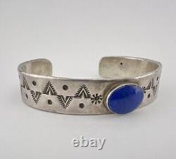 Vintage Navajo Sterling Silver Lapis Lazuli Stamped Cuff Bracelet 31.5g