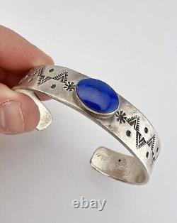 Vintage Navajo Sterling Silver Lapis Lazuli Stamped Cuff Bracelet 31.5g