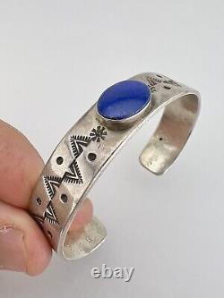 Vintage Navajo Sterling Silver Lapis Lazuli Stamped Cuff Bracelet 31.5g