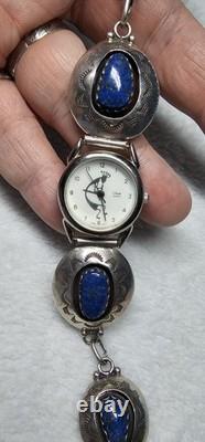 Vintage Navajo Sterling Silver Lapis Watch Bracelet 30.8g Concho Links