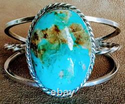 Vintage Navajo Sterling Silver Large Kingman Turquoise Nugget Cuff Bracelet