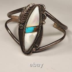 Vintage Navajo Sterling Silver MOP Turquoise Inlay Cuff Adjustable Bracelet