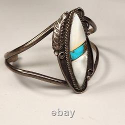Vintage Navajo Sterling Silver MOP Turquoise Inlay Cuff Adjustable Bracelet