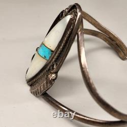 Vintage Navajo Sterling Silver MOP Turquoise Inlay Cuff Adjustable Bracelet