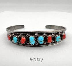 Vintage Navajo Sterling Silver Natural Blue Turquoise & Red Coral Cuff Bracelet