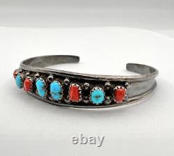 Vintage Navajo Sterling Silver Natural Blue Turquoise & Red Coral Cuff Bracelet