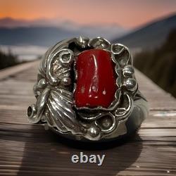 Vintage Navajo Sterling Silver Natural Red Coral Ring Size 6.5 Signed BB 5.3g