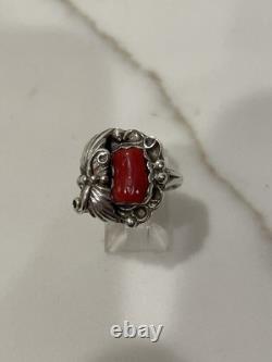 Vintage Navajo Sterling Silver Natural Red Coral Ring Size 6.5 Signed BB 5.3g
