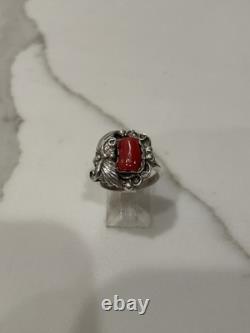 Vintage Navajo Sterling Silver Natural Red Coral Ring Size 6.5 Signed BB 5.3g
