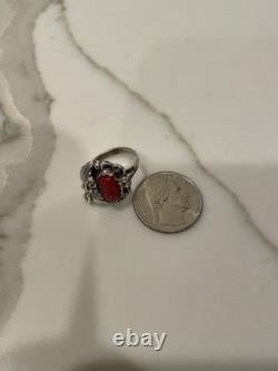 Vintage Navajo Sterling Silver Natural Red Coral Ring Size 6.5 Signed BB 5.3g