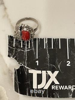 Vintage Navajo Sterling Silver Natural Red Coral Ring Size 6.5 Signed BB 5.3g