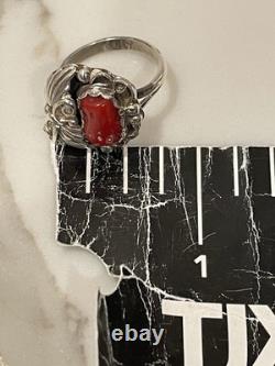 Vintage Navajo Sterling Silver Natural Red Coral Ring Size 6.5 Signed BB 5.3g